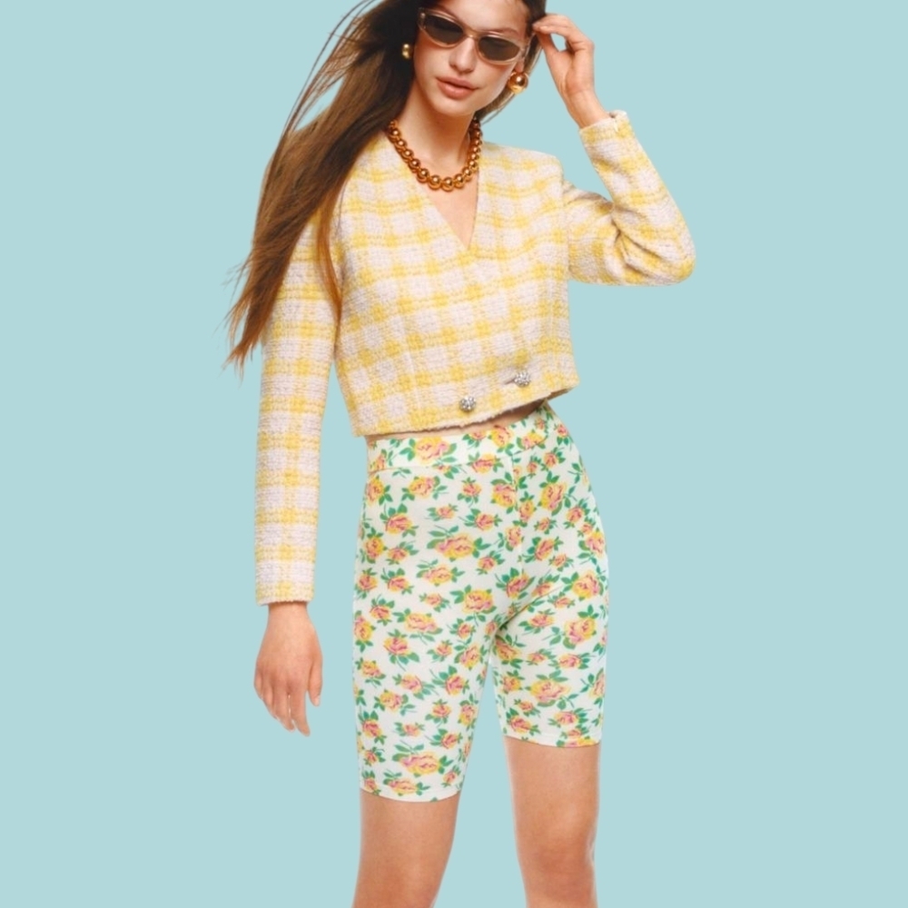 NWT Mango Turquoise Bike Shorts with Sunset Flowers Pattern Sz M - Picture 3 of 4
